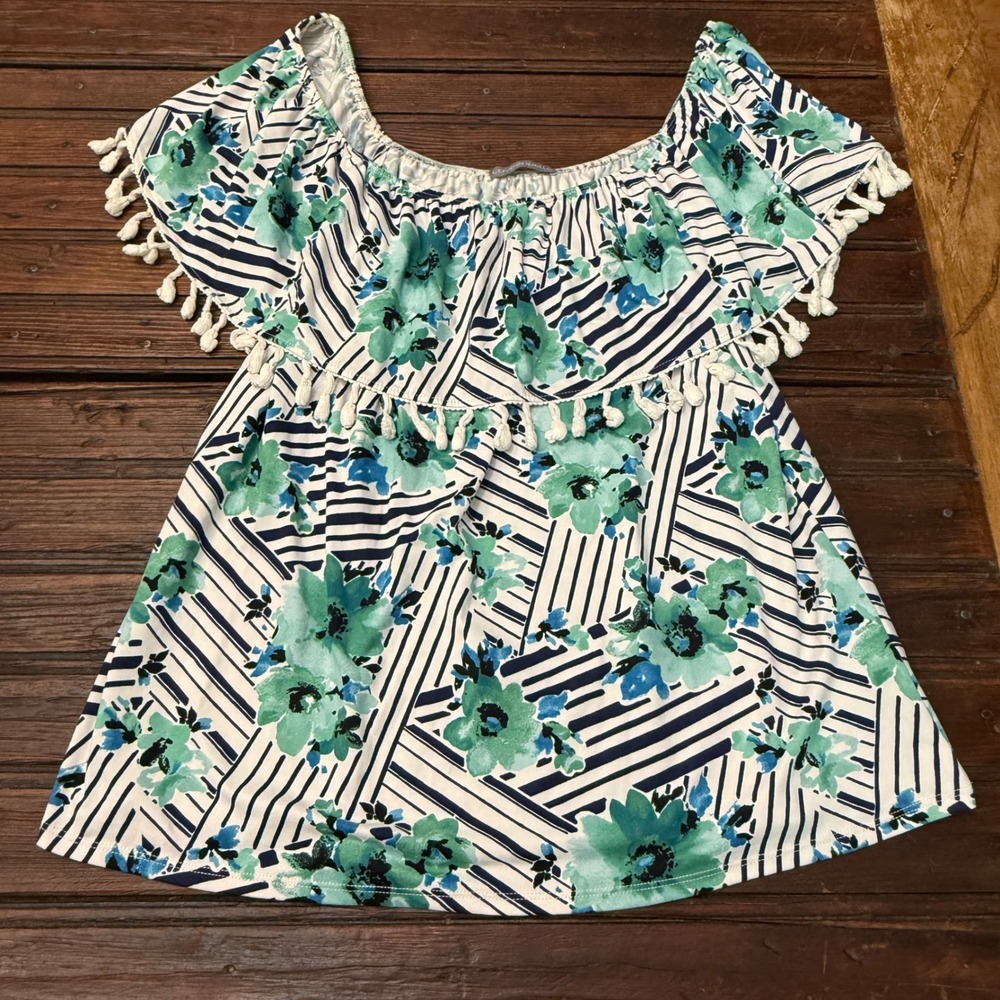 Loveappella Off The Shoulder Tassel Floral Stripe Top Teal Navy XL Boho Peasant